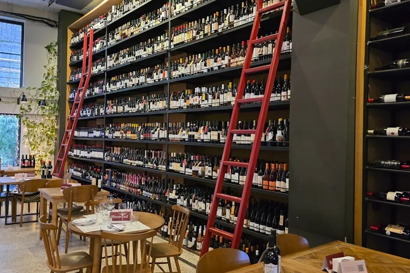 Wine bar seating with a floor-to-ceiling wine shelf and rolling ladder at 8000 Vintages in Vake