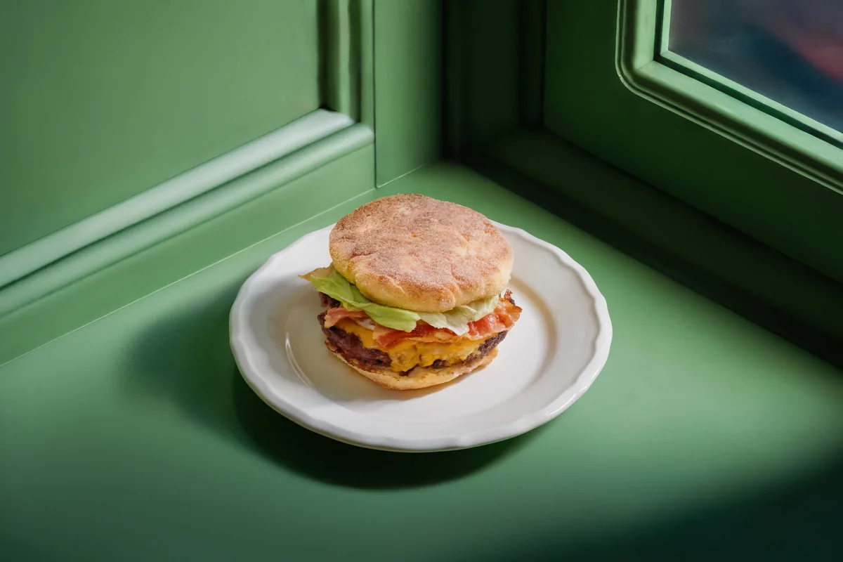 English muffin burger with a beef patty, bacon, cheddar and lettuce on a white plate at Crossroads Bistro