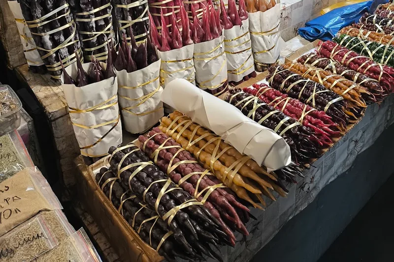 Churchkhela display at a market stall at Dezerter Bazaar