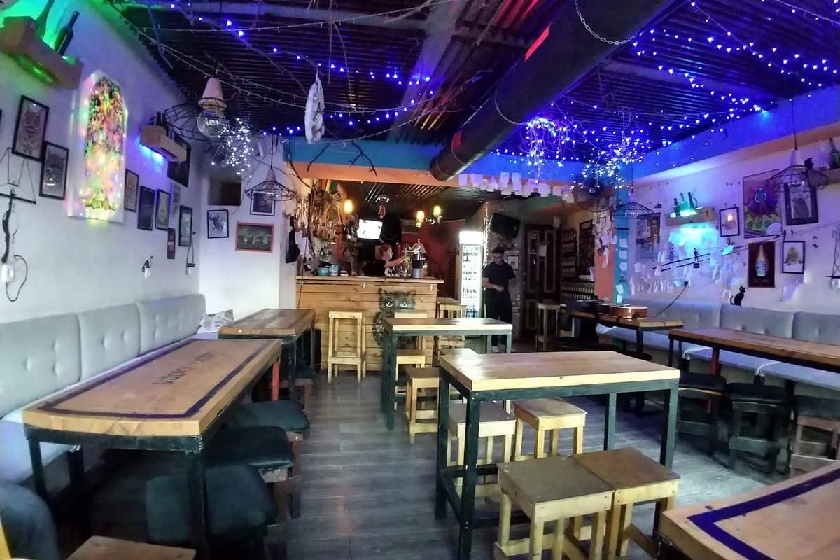 Wooden high tables, padded benches and fairy-lit ceiling in the bar room at Drunk Owl