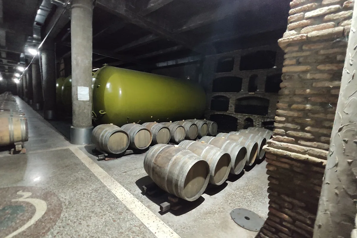 Barrels and tanks in the cellar at Kindzmarauli Corporation in Kvareli