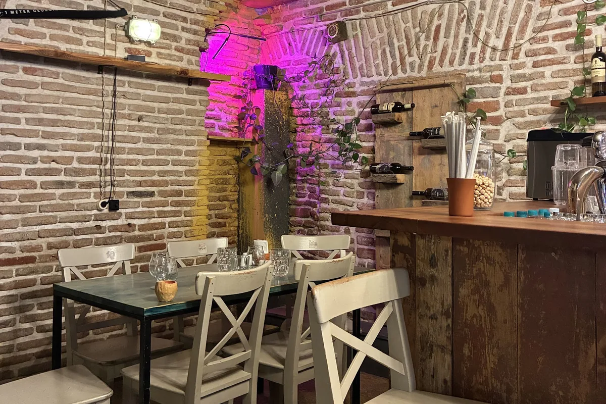 Brick-walled dining room at Klike's Khinkali