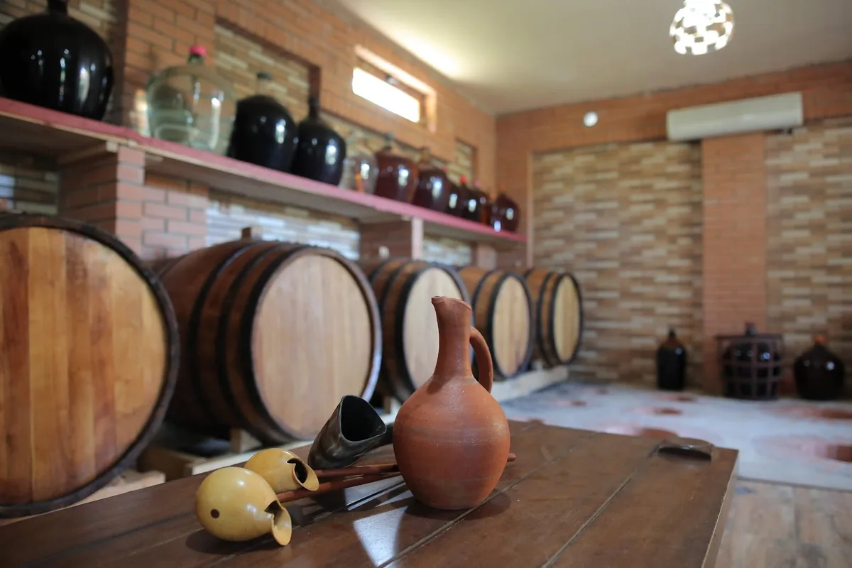 Cellar with barrels and clay jugs at Kolkhis Ezo