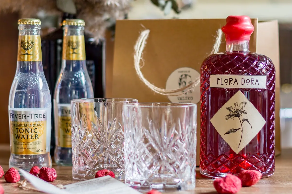 Cocktail gift kit with flora dora liquor bottle, glasses, and fever-tree tonic at L'ADO by Valiko Mansion