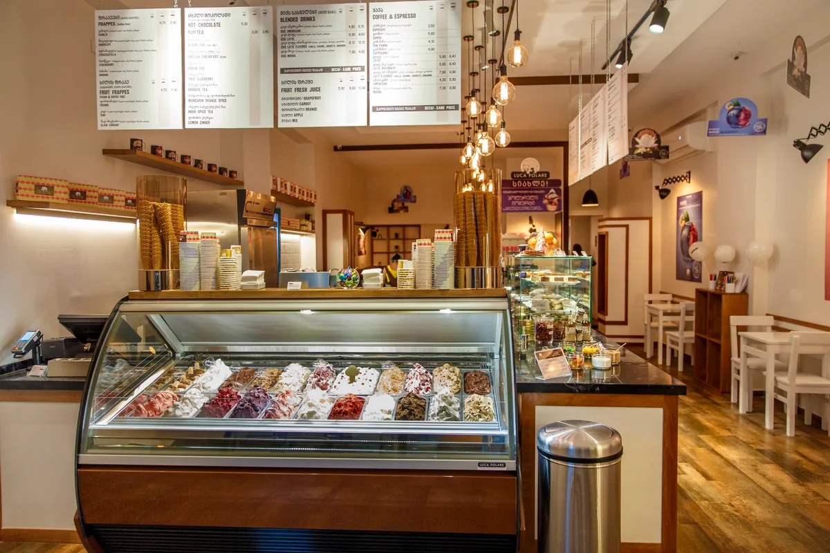 Ice cream counter and cafe interior at Luca Polare