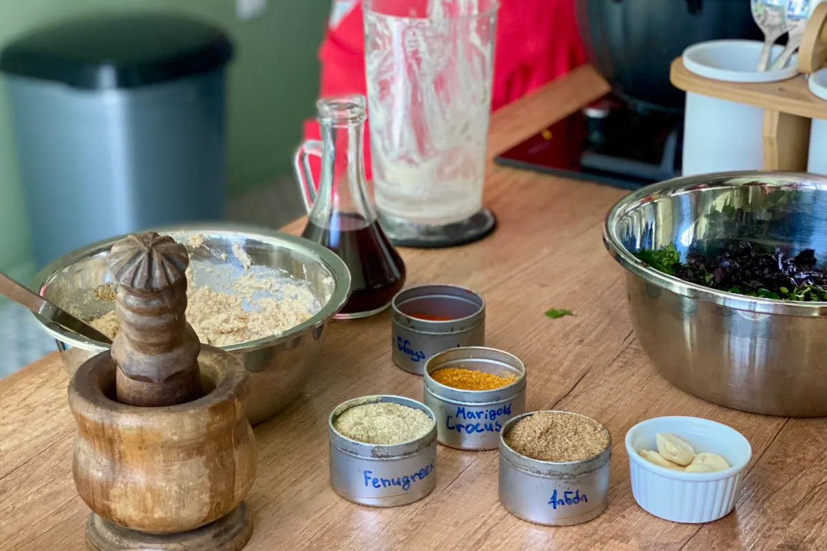 Cooking class ingredients and spices with mortar and pestle at Nana's Kitchen Cooking Classes
