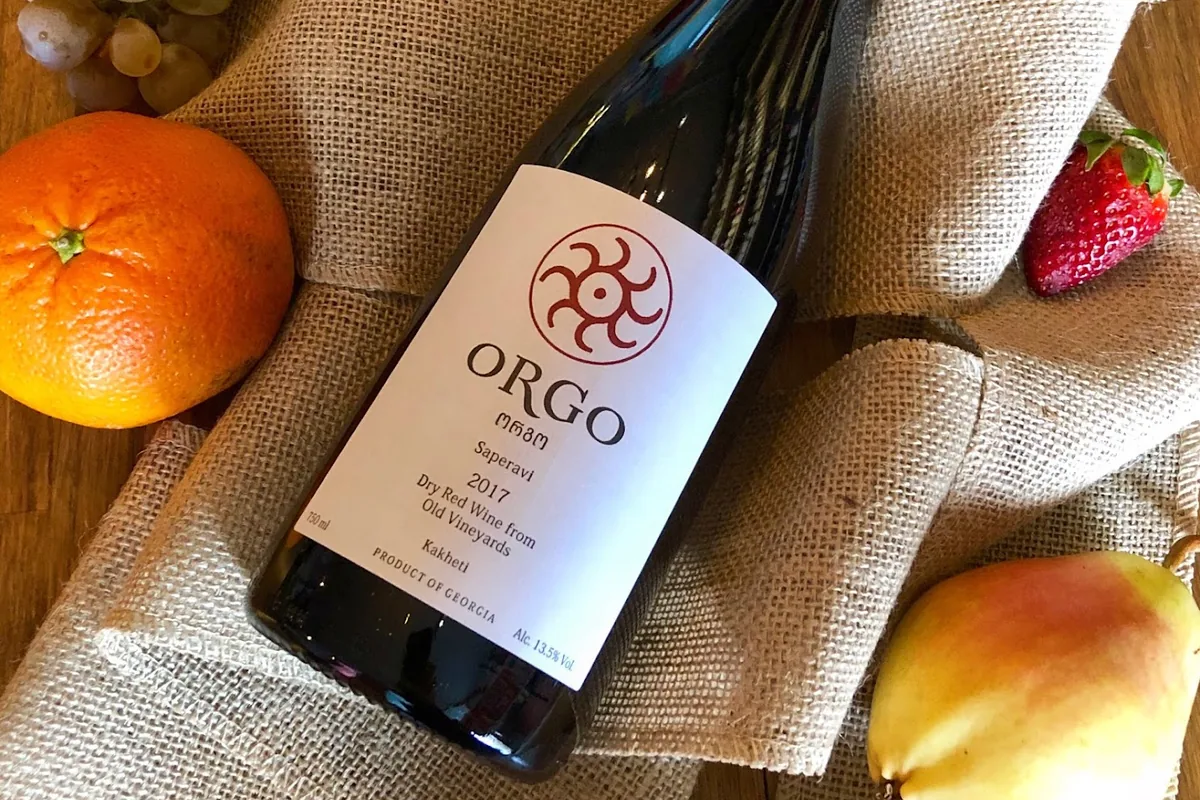 A bottle of Orgo Saperavi, a dry red from old Kakheti vineyards, at Wine Point in Tbilisi