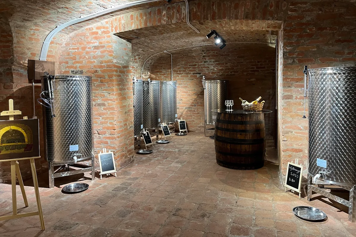 Wine cellar with stainless steel tanks and barrel table at Wine Store Orbeliani