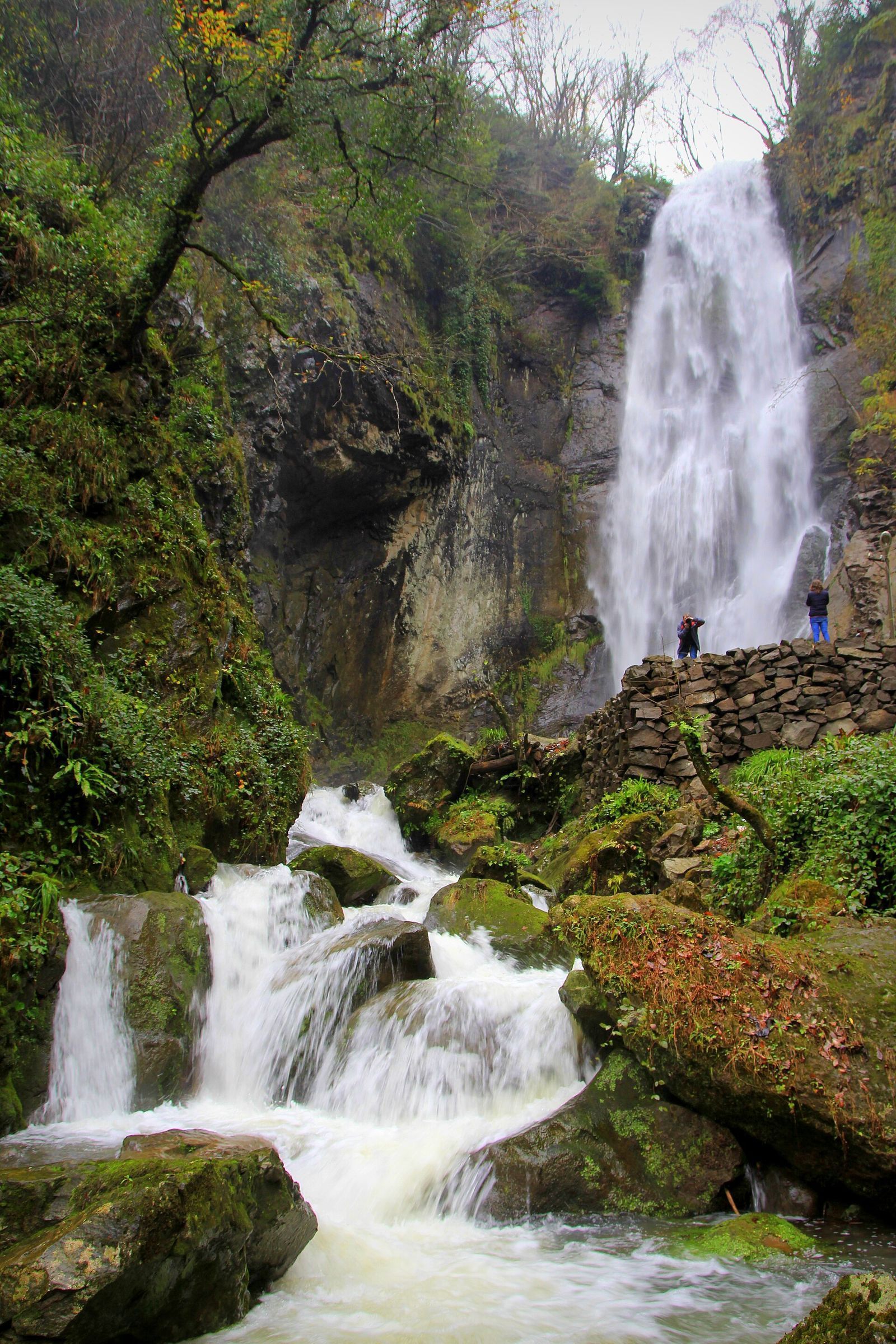 Makhuntseti waterfall dropping down a mossy cliff into the rocky river below, with visitors at its foot