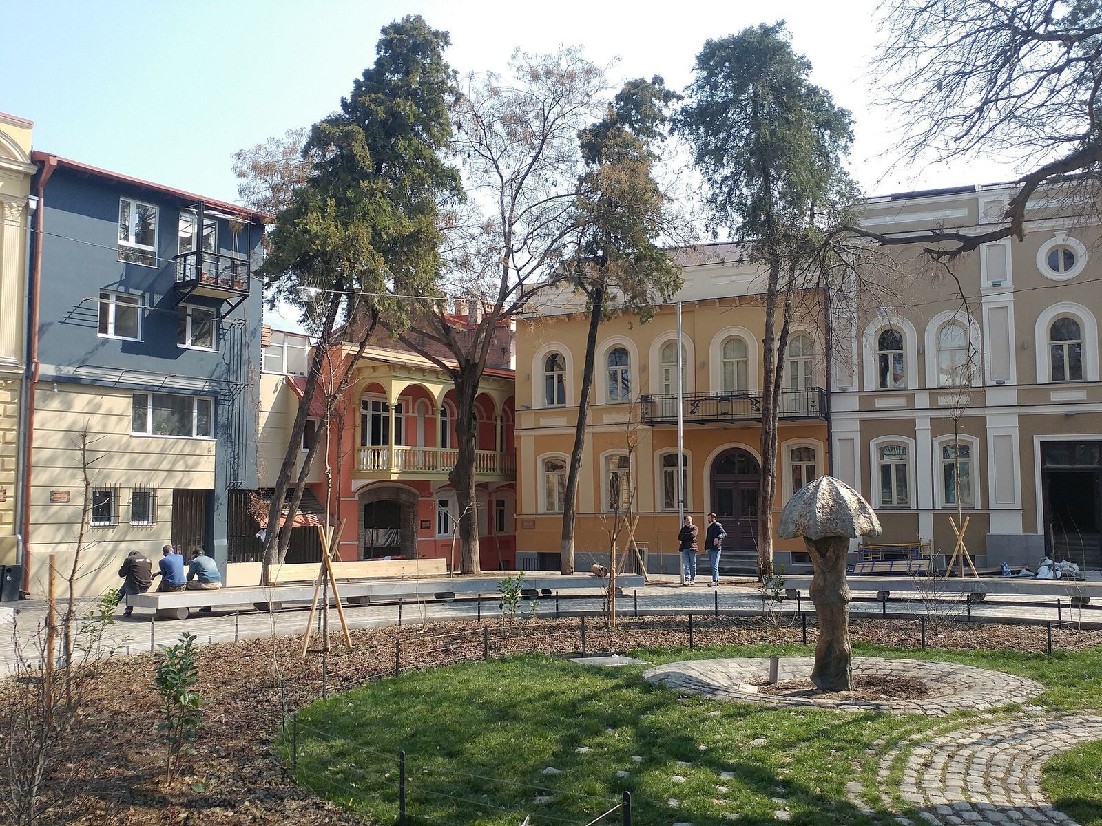 Gudiashvili Square in Sololaki, Tbilisi, with restored old houses around a small garden