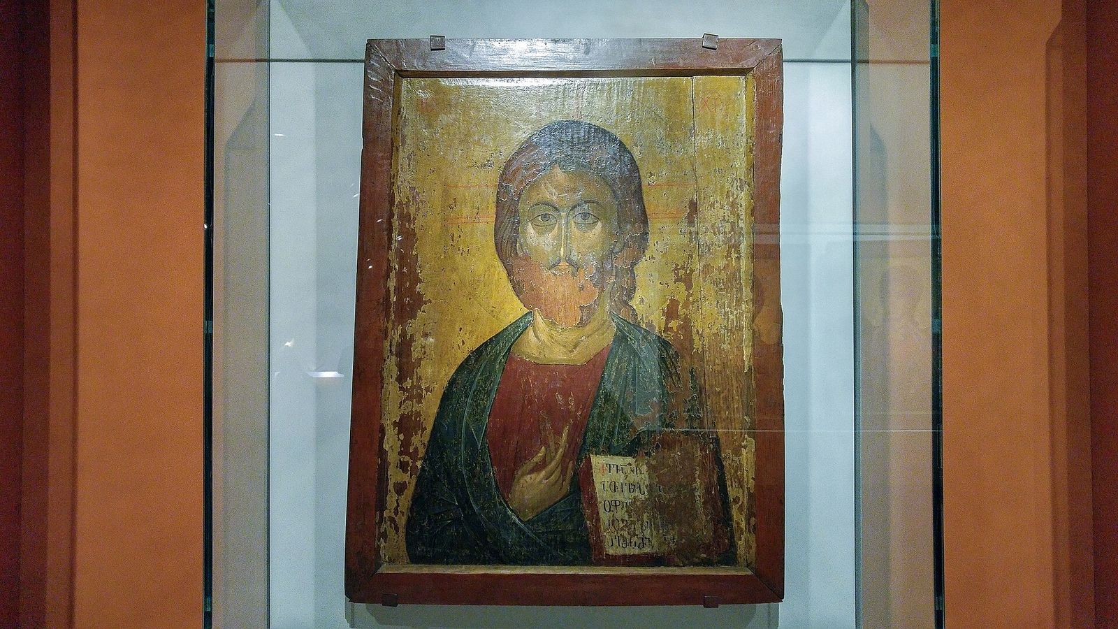 A medieval Georgian icon of Christ in a glass case at the Georgian National Museum in Tbilisi