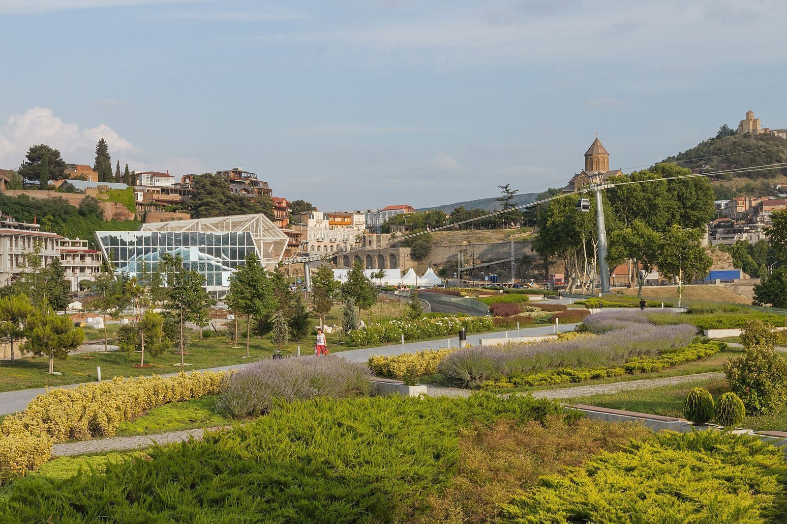 The lawns and lavender beds of Rike Park, with a cable car pylon and a gondola beyond