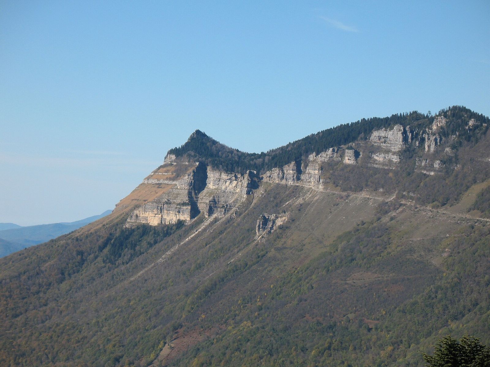 The limestone cliffs of Tskhrajvari mountain rising above forested slopes