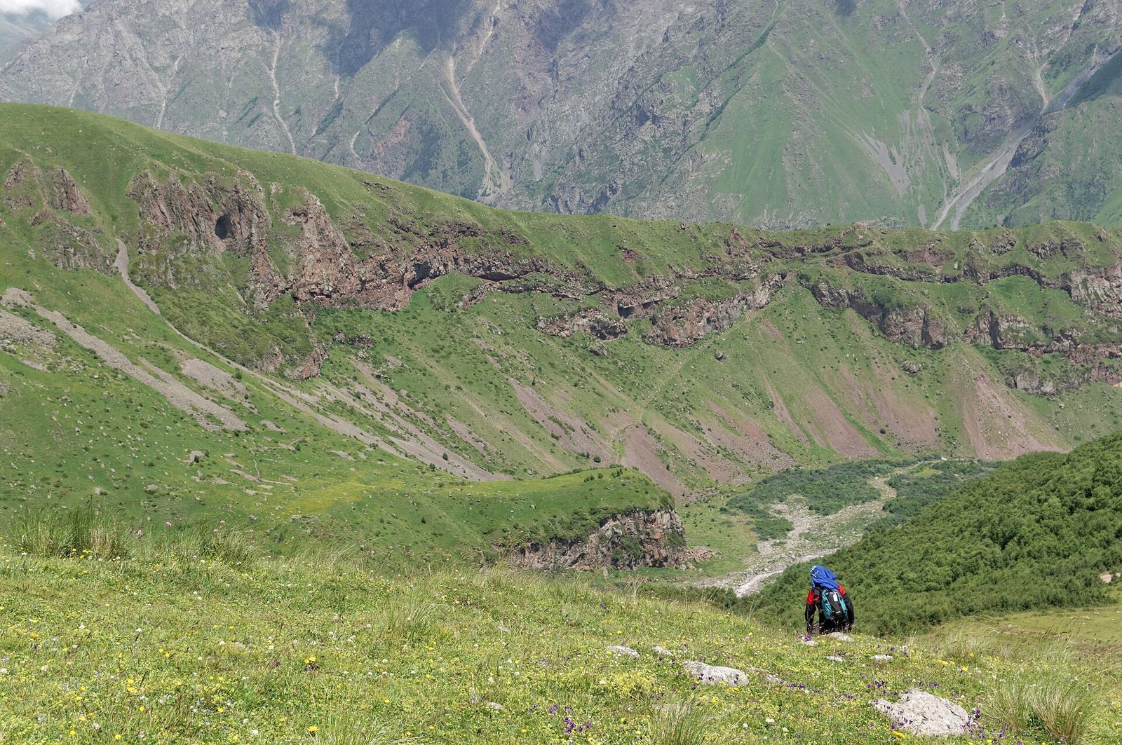 The eastern slopes of Mount Kazbek (Mqinvartsveri), mountain valley, early July.