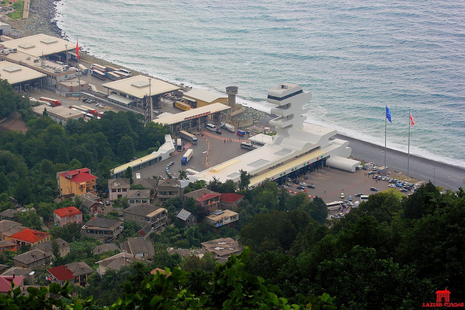 The Sarpi border checkpoint between Georgia and Turkey on the Black Sea coast, seen from the hillside above