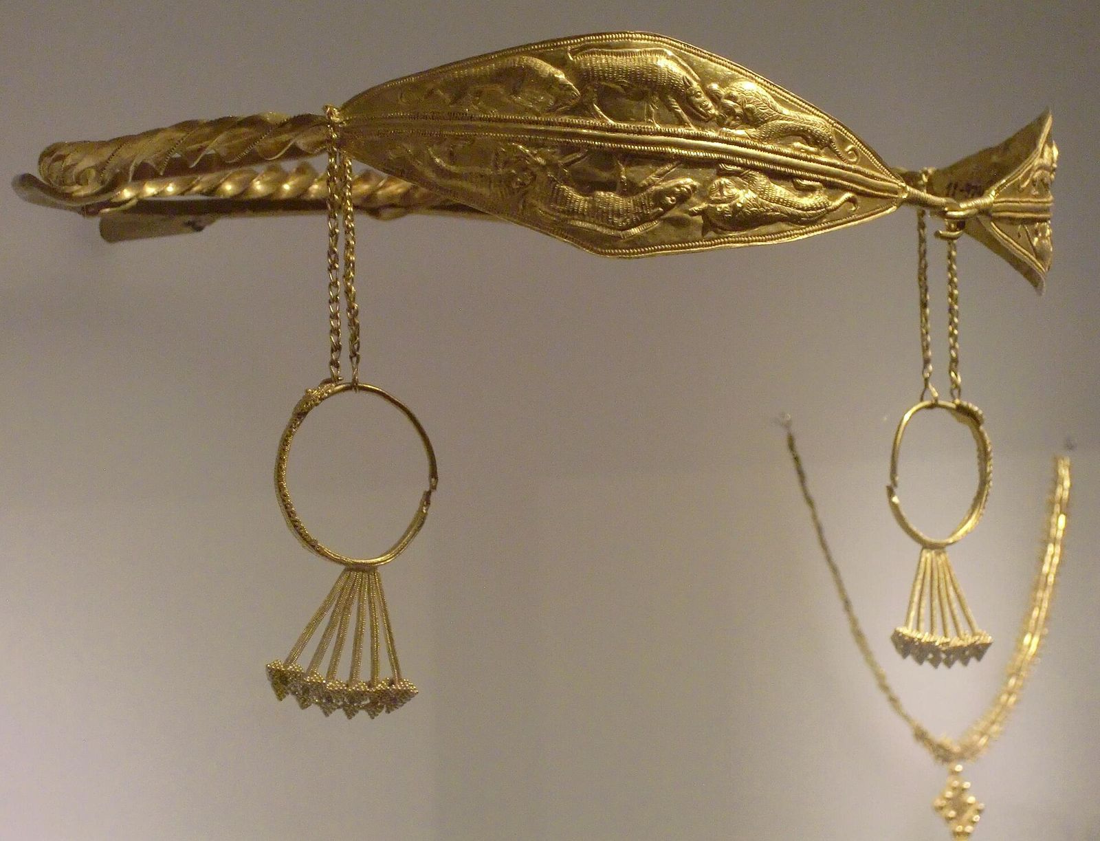 A gold diadem with boar figures from the Vani treasure, part of the Colchian gold at the Georgian National Museum in Tbilisi