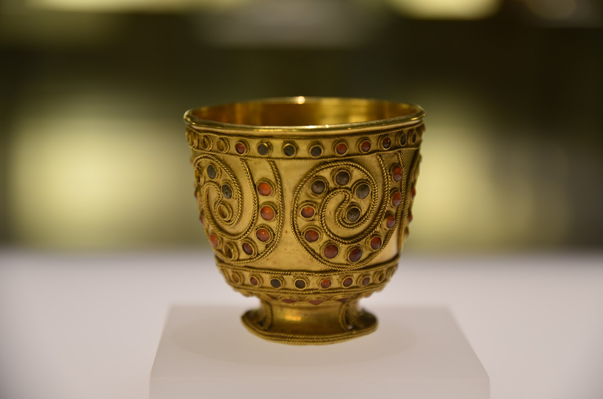 The Trialeti gold goblet, decorated with gold spirals and inlaid with colored stones, on display in the Georgian National Museum in Tbilisi