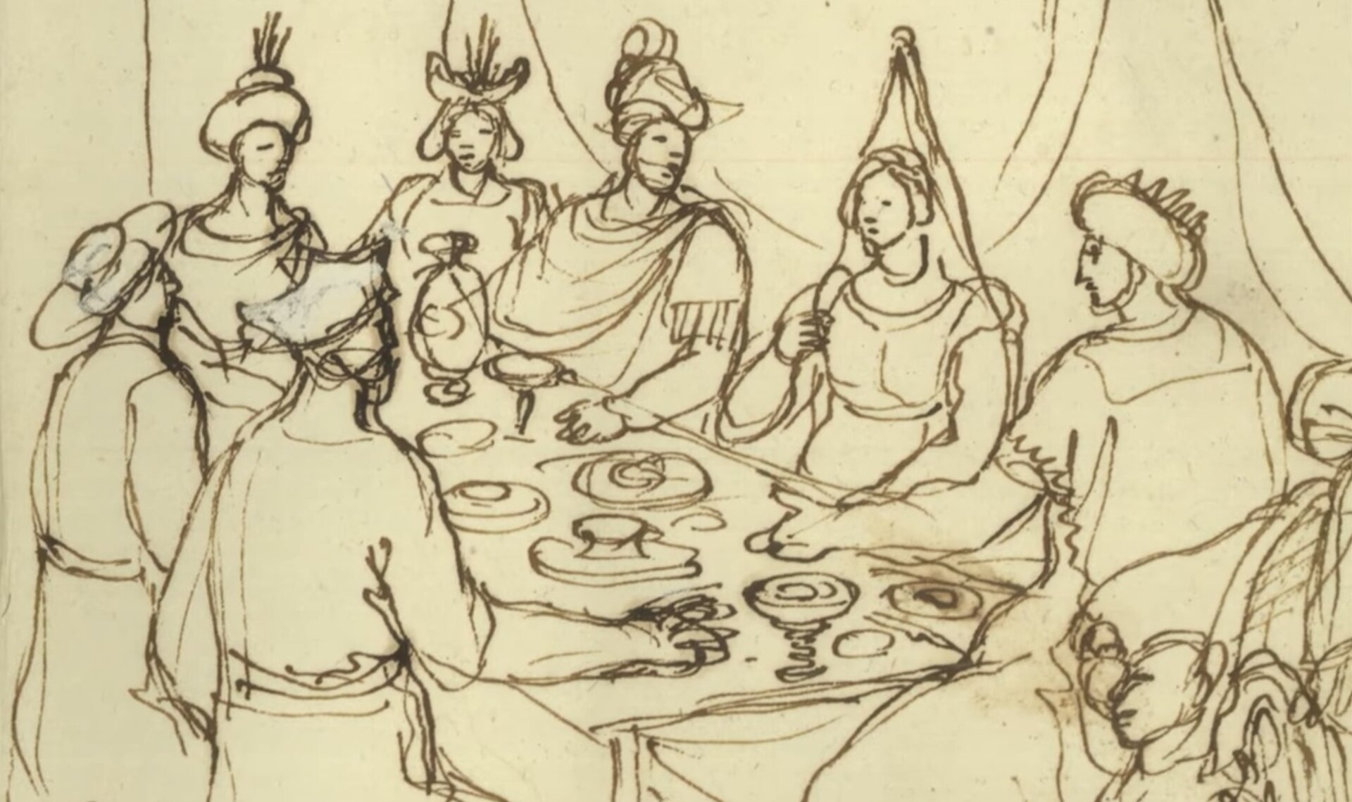 A 17th-century pen drawing of Georgians feasting around a long table, by Cristoforo De Castelli