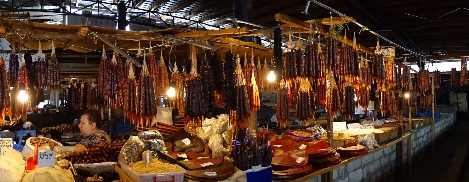 Strings of churchkhela hanging above the stalls at the Telavi market