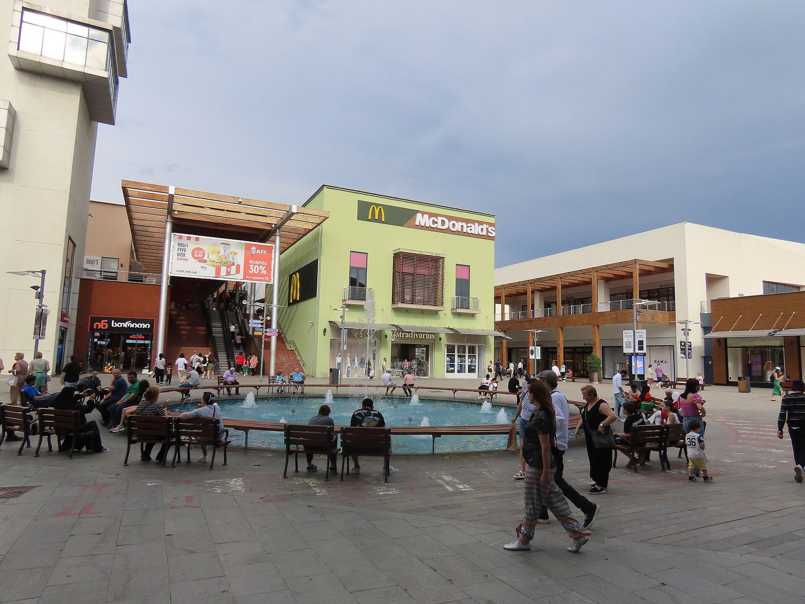 The fountain square on the open-air shopping street at East Point mall in Tbilisi