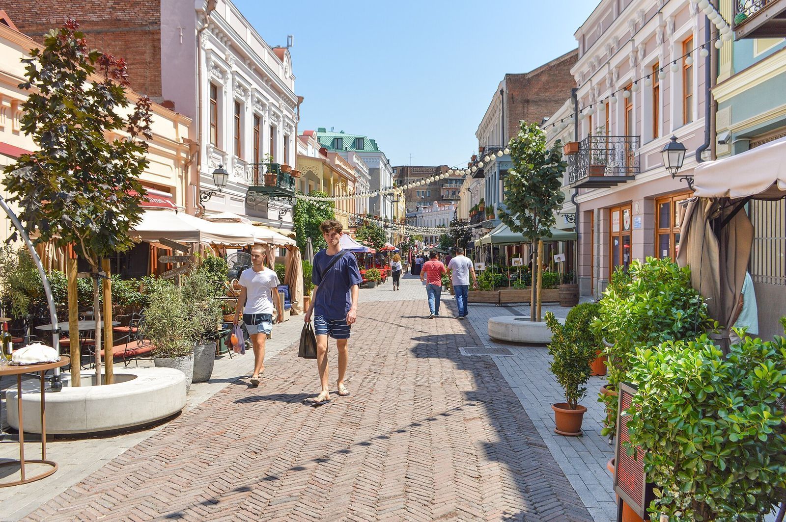 The restored pedestrian stretch of Aghmashenebeli Avenue in Tbilisi, lined with 19th-century facades and cafe terraces