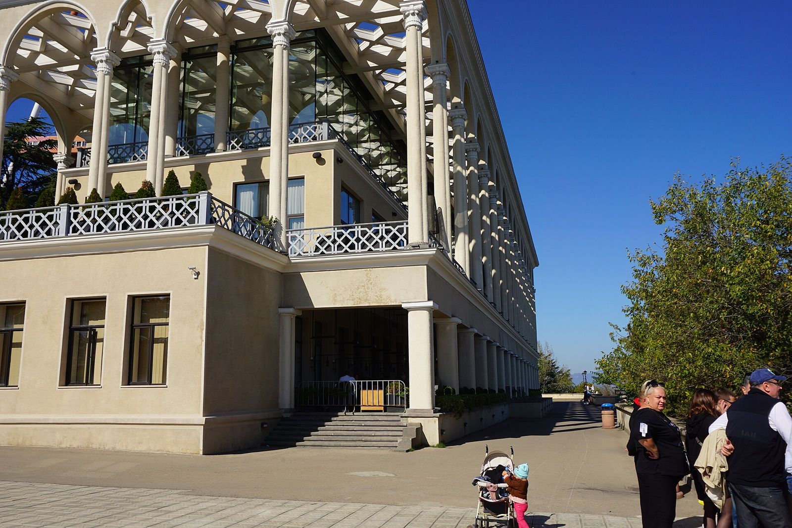 The arched upper funicular station building on top of Mtatsminda, with its terrace restaurants