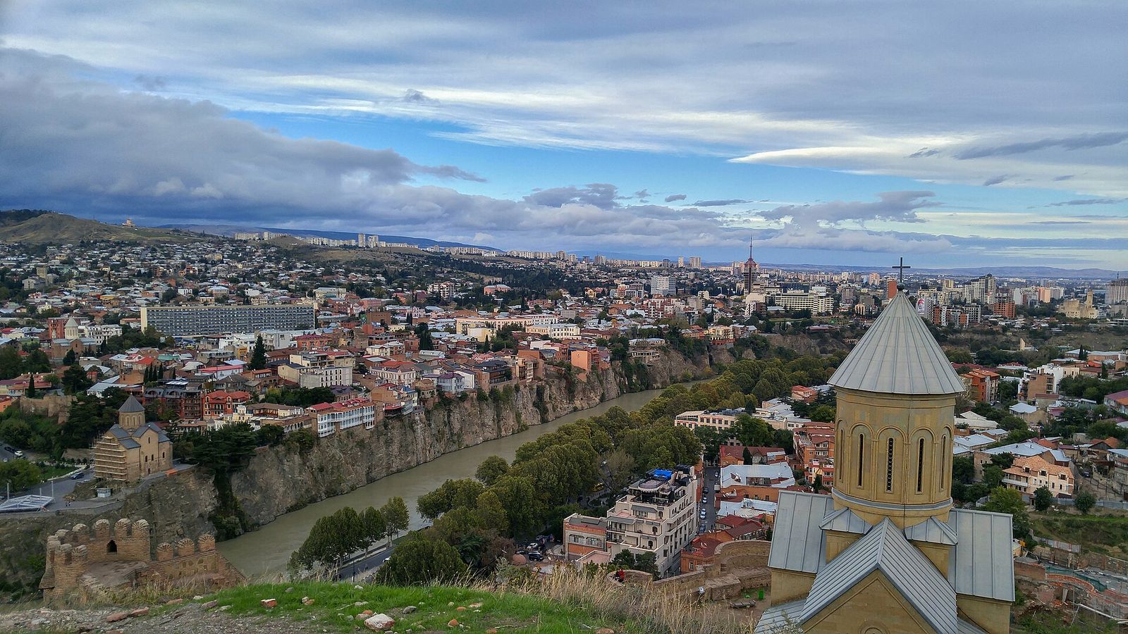 The view from Narikala over the dome of St Nicholas Church, the Kura river gorge and the rooftops of Old Tbilisi