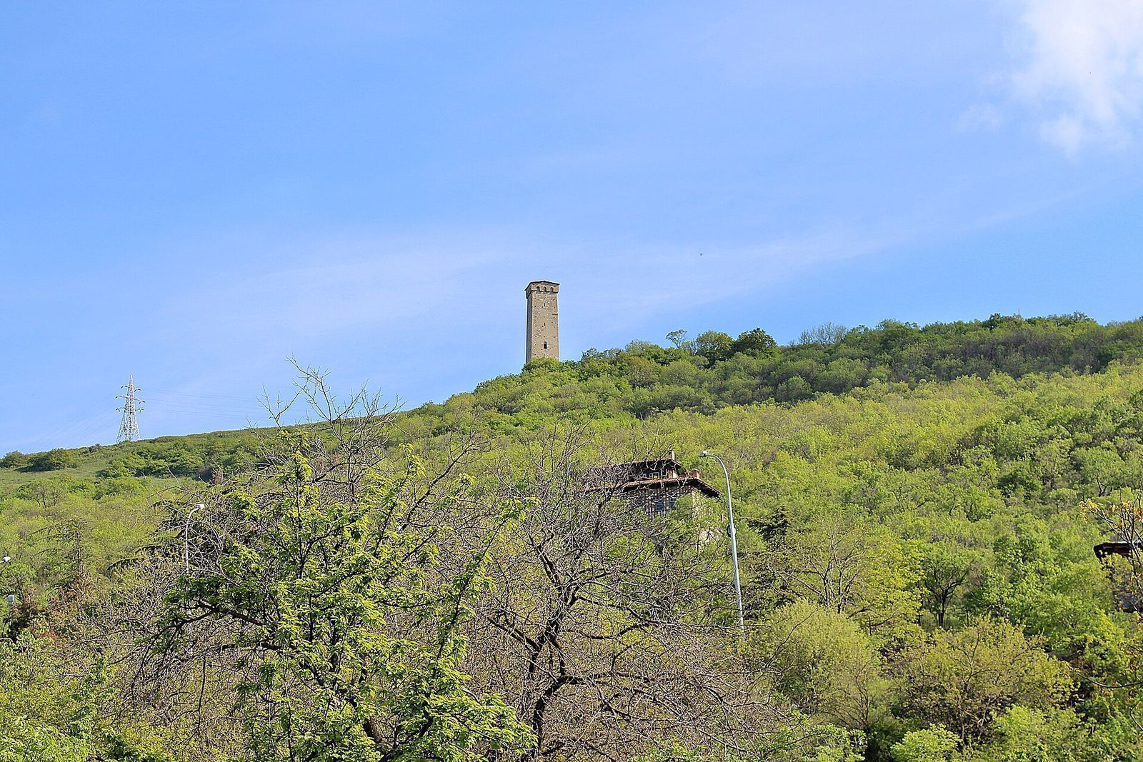 The Svan tower of the Open Air Museum of Ethnography on a green wooded hill above Tbilisi
