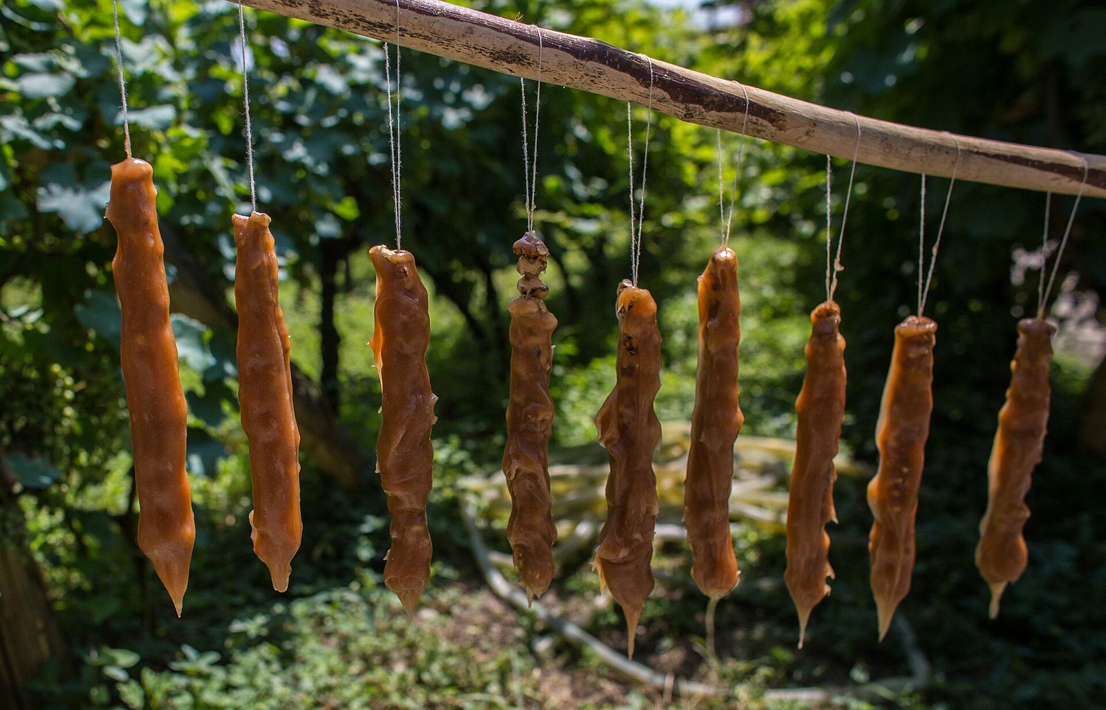 Strings of churchkhela coated in grape must hanging from a wooden pole to dry in the sun in Georgia