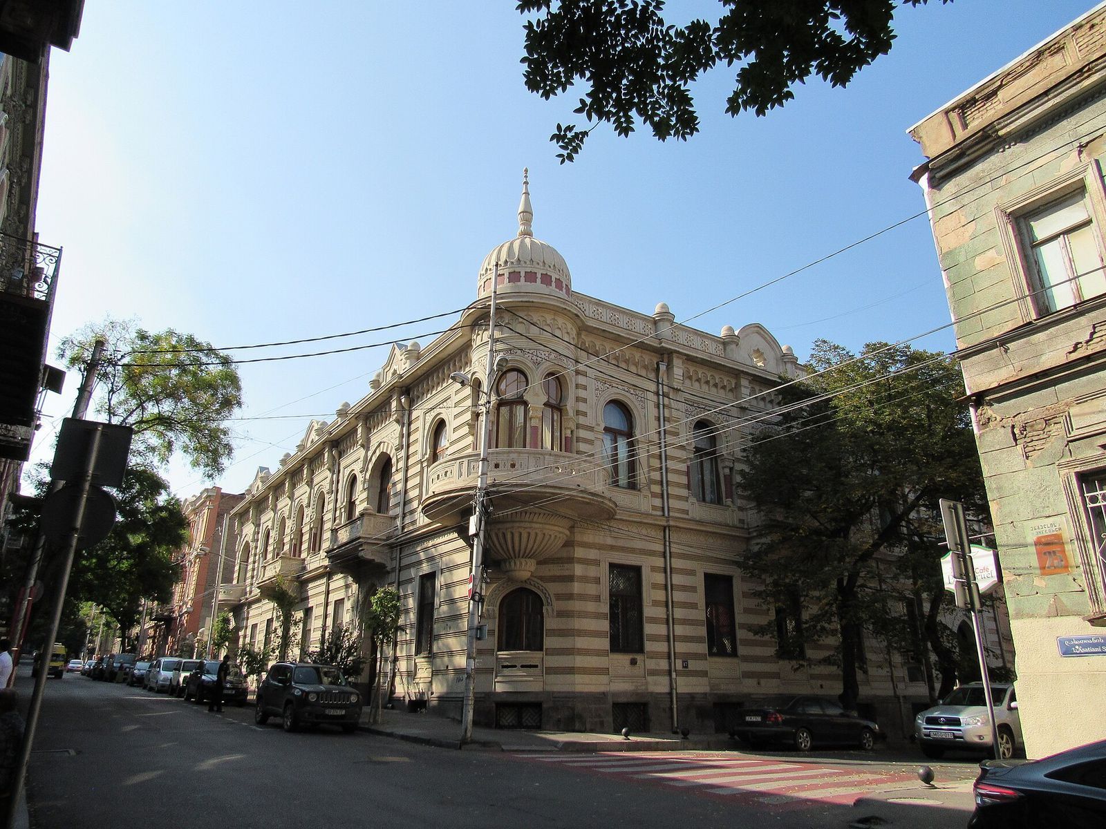 The striped Moorish revival Kalantarov House at the corner of Ivane Machabeli and Lado Asatiani streets in Sololaki, Tbilisi, with its ribbed corner dome