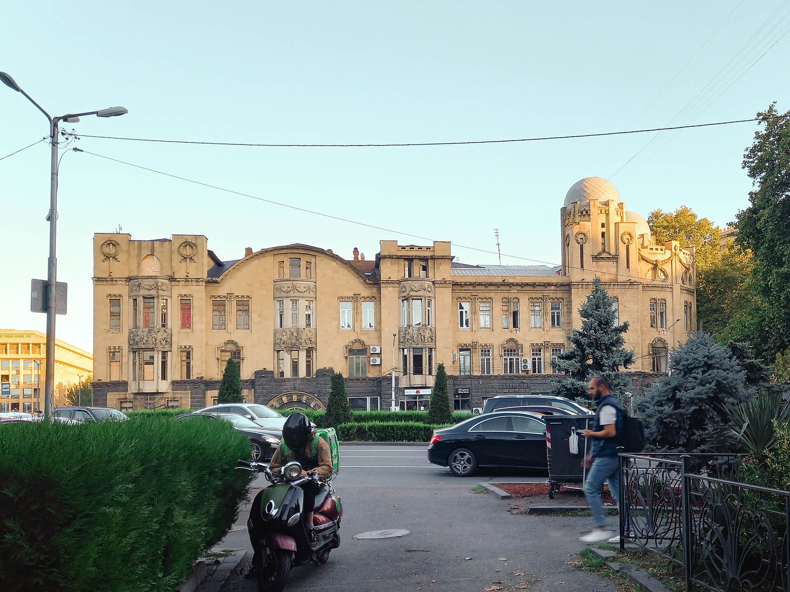The long Art Nouveau facade of the Melik-Azaryants House on Rustaveli Avenue, Tbilisi, with its domed corner tower