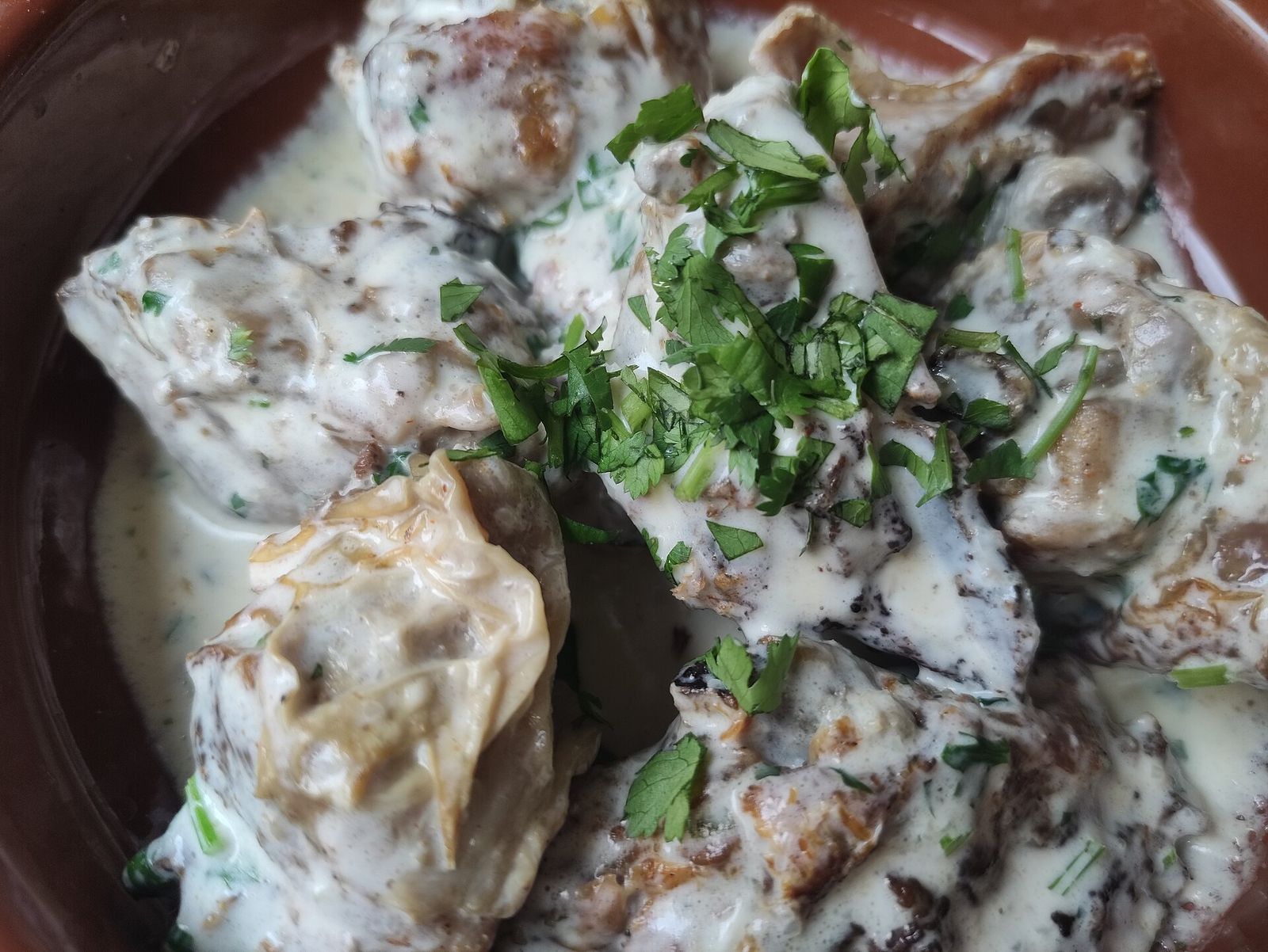 Shkmeruli, fried chicken in a creamy garlic and milk sauce, in a clay dish with chopped herbs