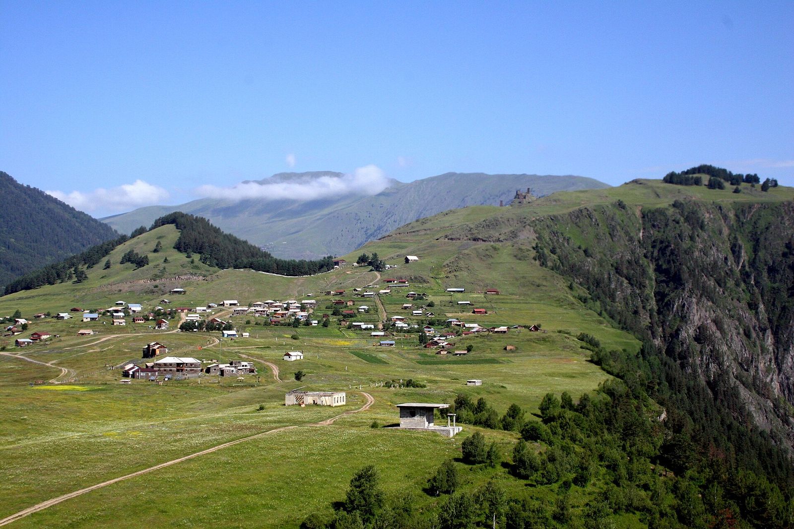 The houses of Omalo scattered across a green plateau, with forested slopes and a mountain ridge behind