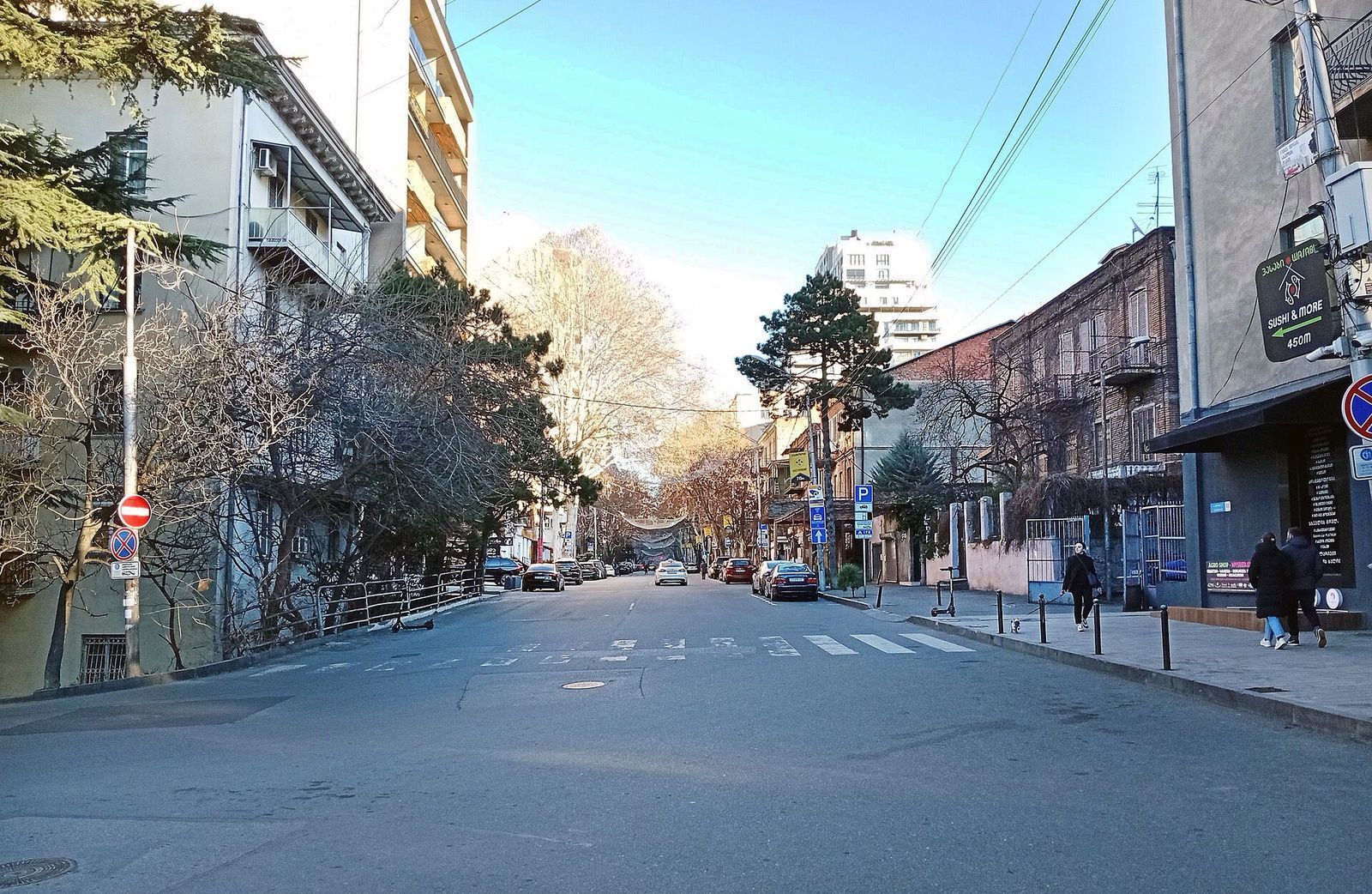 Irakli Abashidze Street in Vake at its western end, lined with trees, apartment buildings and shopfronts