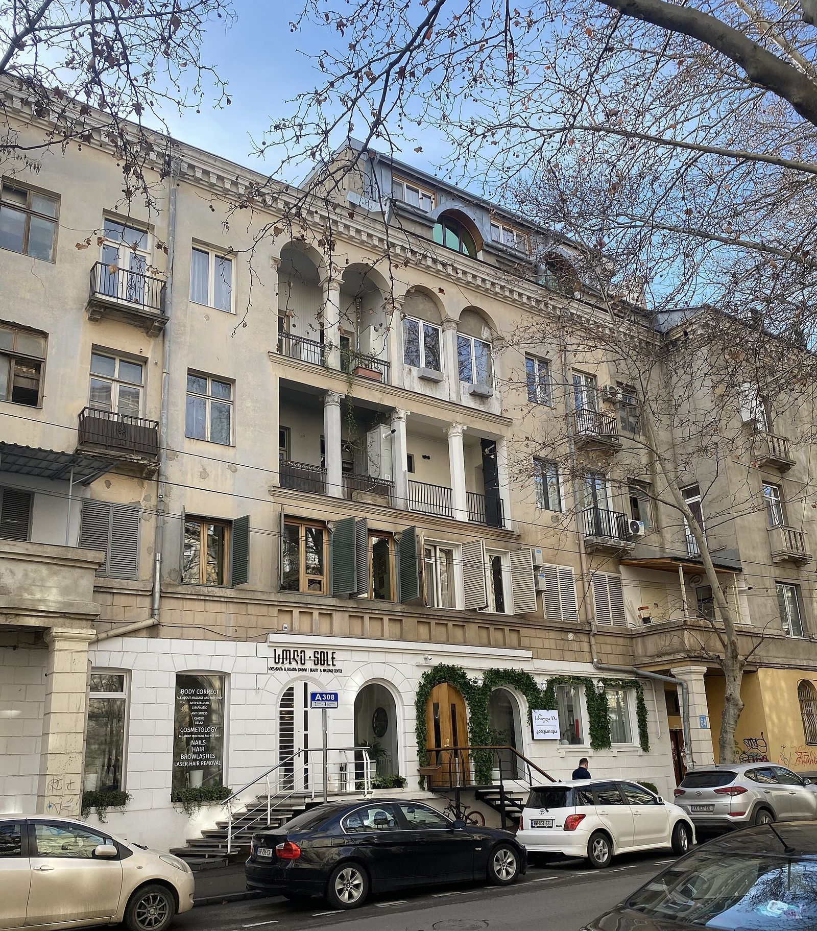 A Stalin-era apartment block with columned balconies at 64 Zakaria Paliashvili Street in Vake