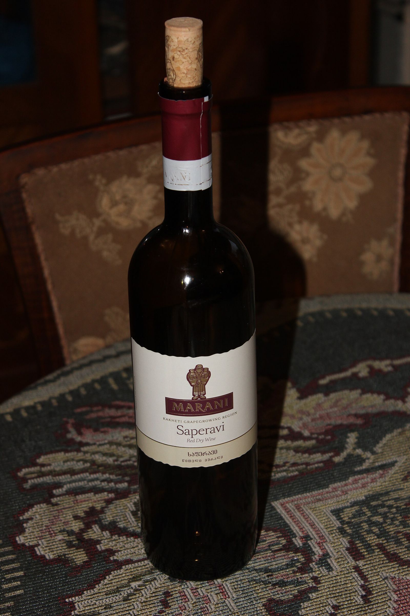 A bottle of Marani Saperavi, a dry red from the Kakheti wine region, with the grape named on the front label